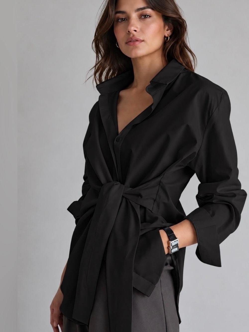 Commense Black Wrap Blouse with Tie Waist
